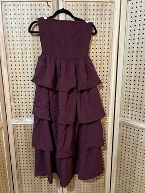 PrettyGarden Strapless Tiered Ruffle Maxi Dress in Deep Wine Size S